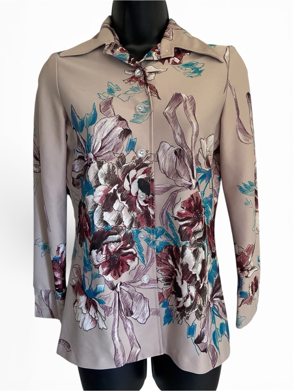 Vintage 70s Disco Floral Dagger Collar Blouse Taupe Teal & Burgundy Sz S